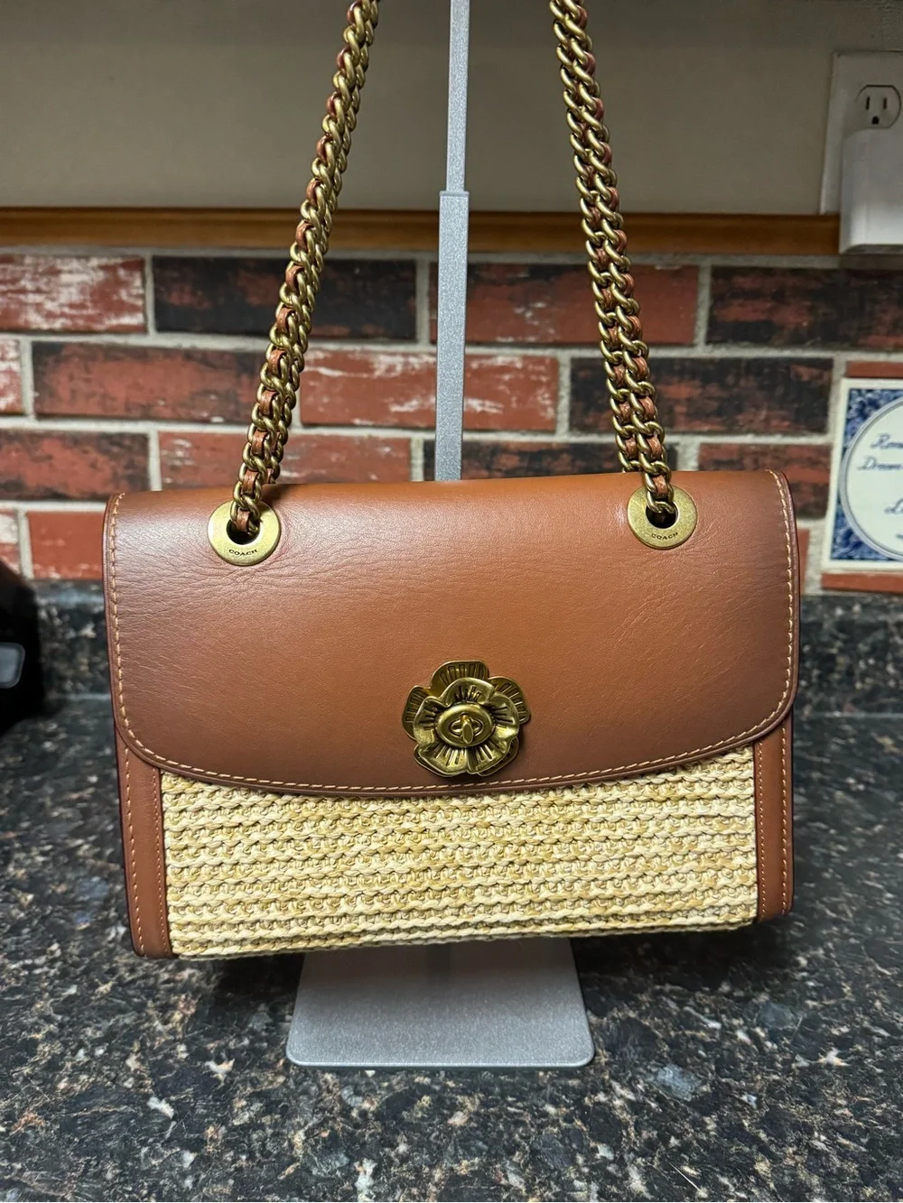 Coach Parker 18 69624 Tea Rose Straw Leather Chain Shoulder Bag Crossbody Rare